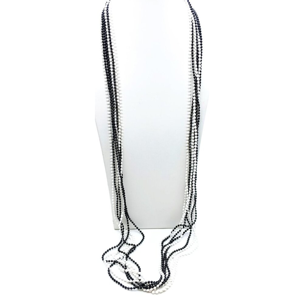 Vintage Plastic Eight Strand Necklace, Hong Kong Black and White Lightweight